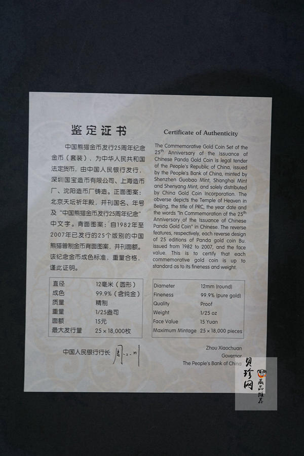 【079050】2007年中国熊猫金币发行25周年1/25盎司精制金币25枚一套