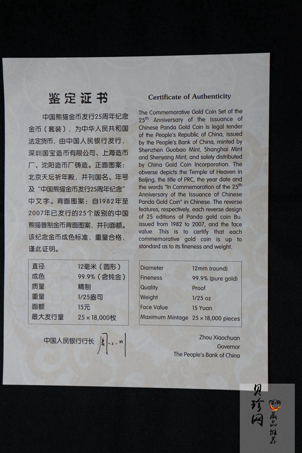 【079130】中国熊猫金币发行25周年纪念金币套装