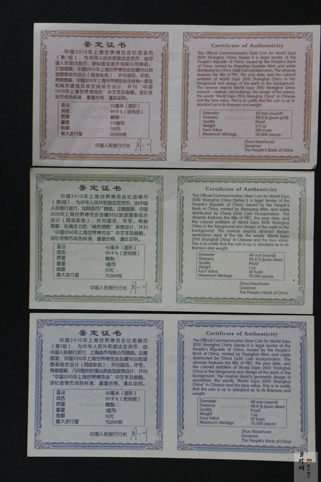 【099110】2009年上海世博会第（1）组彩金银币3枚一套