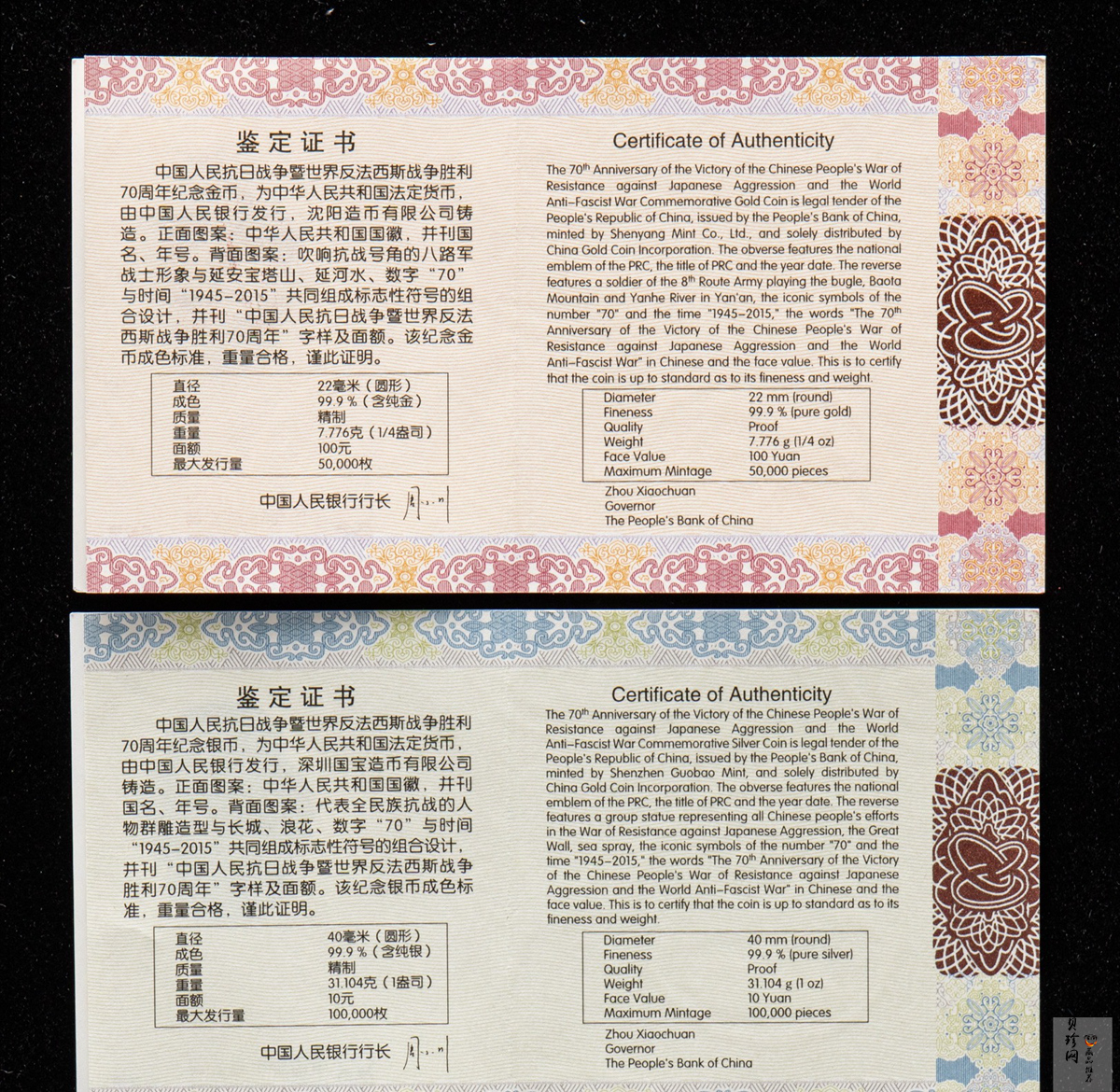 【159130】2015年中国人民抗日战争暨世界反法西斯战争胜利70周年精制金银币2枚一套