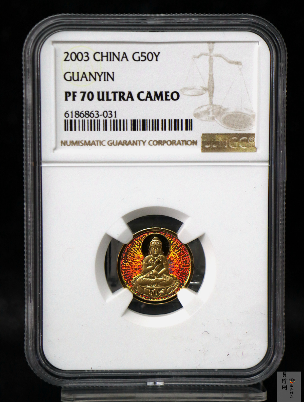 【031001】2003年观音纪念币-观音像1/10盎司圆形幻彩精制金币