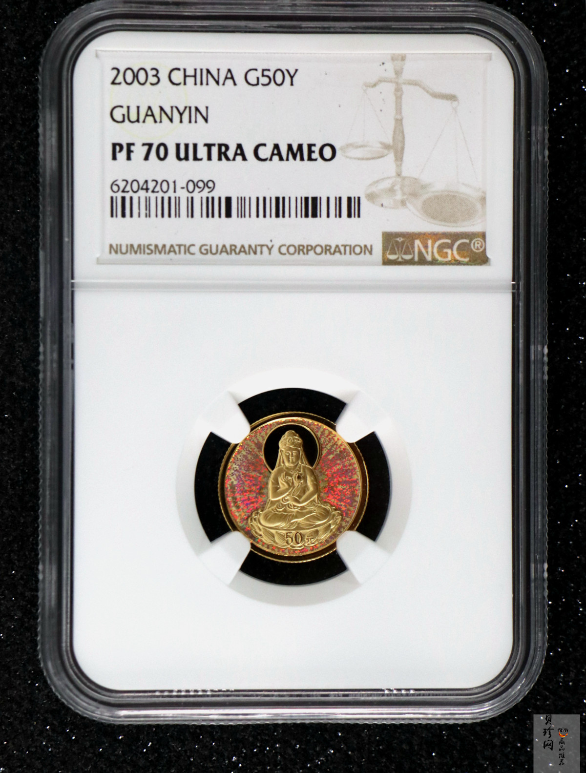 【031001】2003年观音纪念币-观音像1/10盎司圆形幻彩精制金币