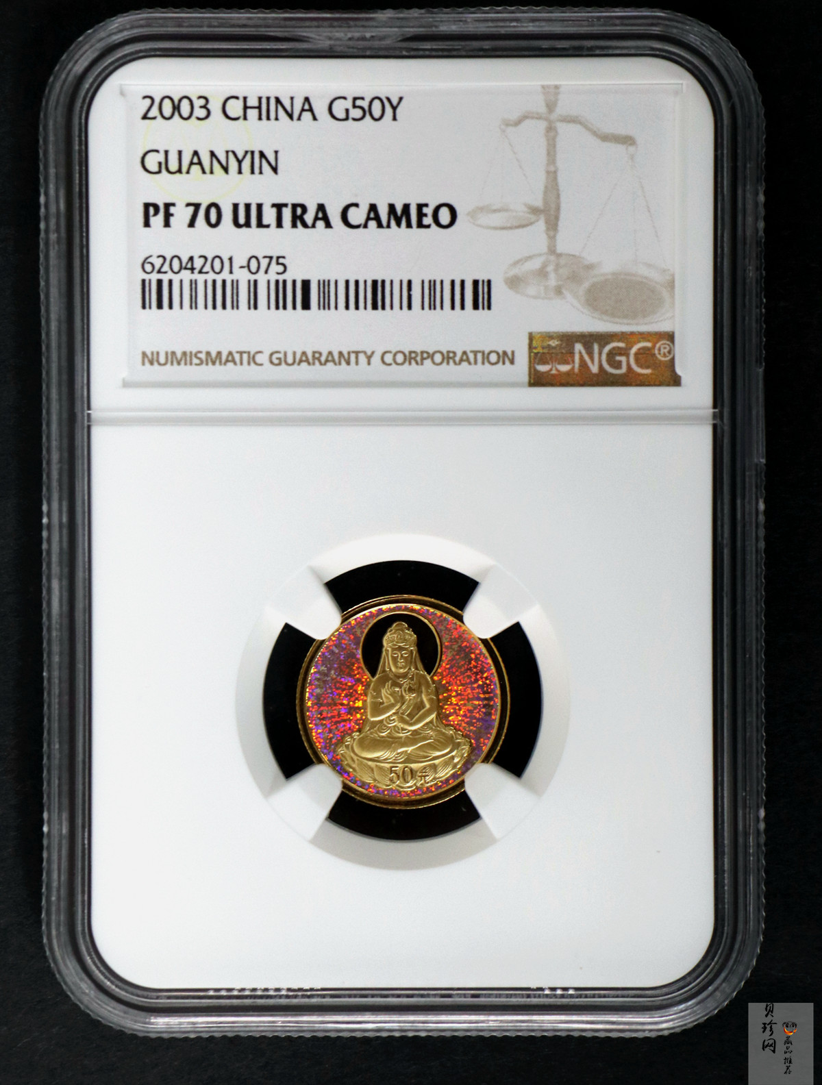 【031001】2003年观音纪念币-观音像1/10盎司圆形幻彩精制金币