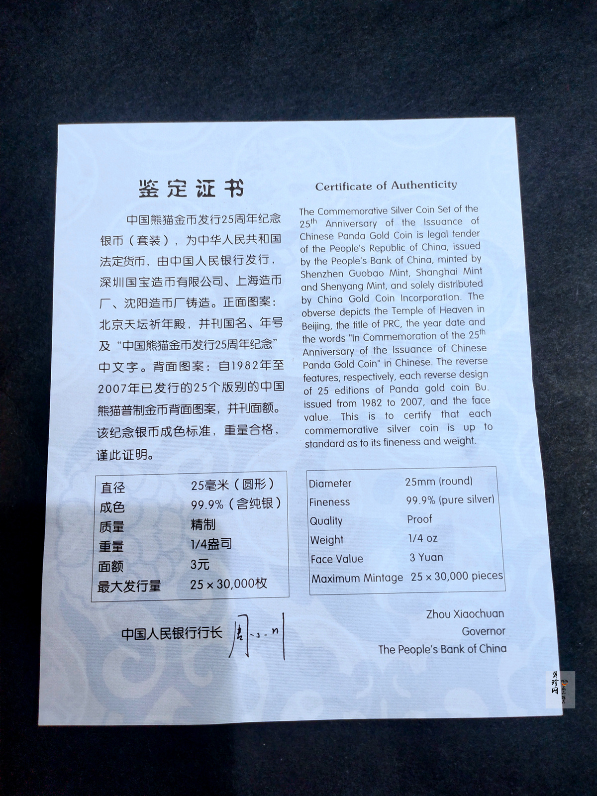 【079060】2007年中国熊猫金币发行25周年1/4盎司精制银币25枚一套