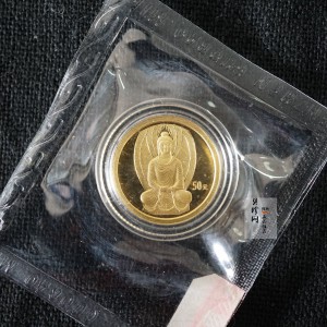 【010403】2001年中国石窟艺术（敦煌）金银纪念币-北魏彩塑佛像1/10盎司精制金币