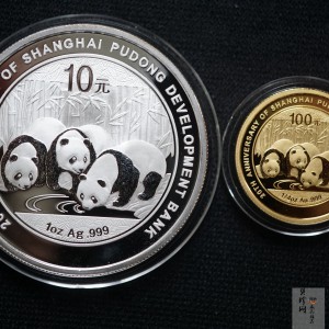 【139060】2013年上海浦东发展银行成立20周年熊猫加字纪念金银币2枚一套