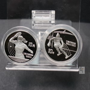 【919220】1991年第25届奥运会乒乓球+第16届奥运会障碍滑雪27克银币